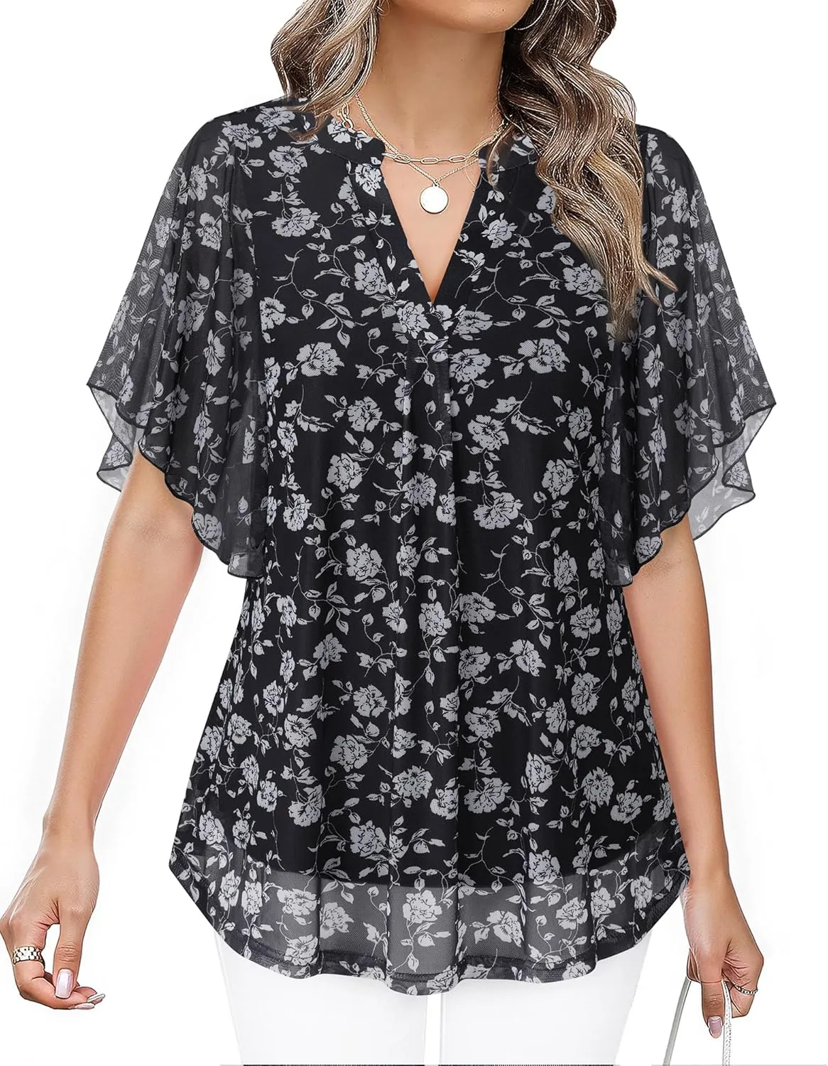 Timeson Women's Short Sleeve V Neck Blouses Shirts Floral Double Layers Mesh Tunics Tops