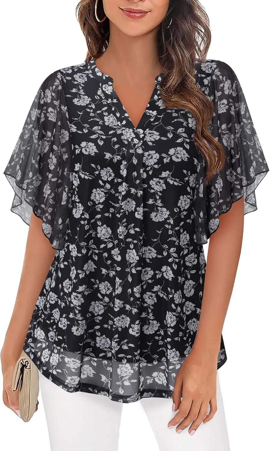 Timeson Women's Short Sleeve V Neck Blouses Shirts Floral Double Layers Mesh Tunics Tops