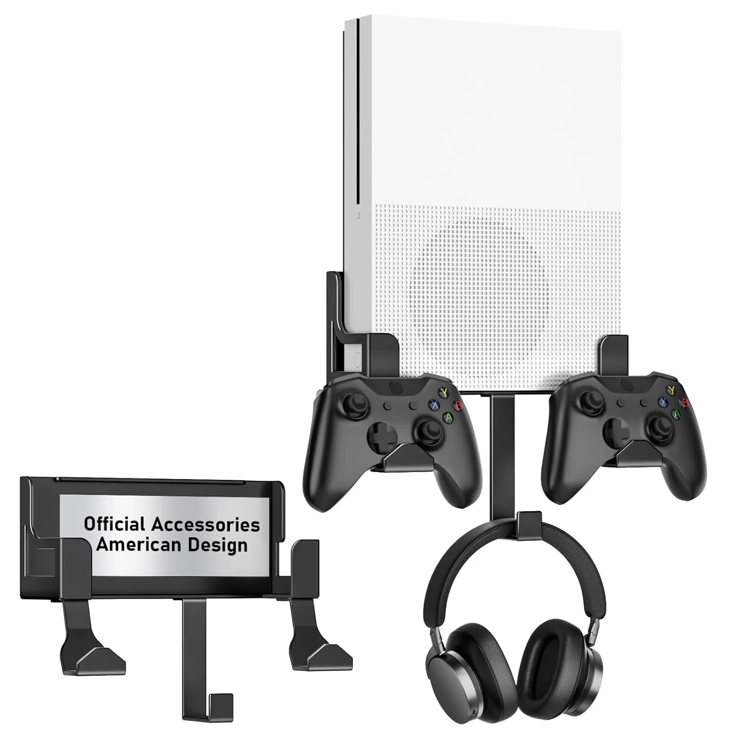 Wall Mount Kit with Detachable 2 Controller Holder & 1 Headphone Hanger Metal Wall Mount Compatible with Xbox One S, Black