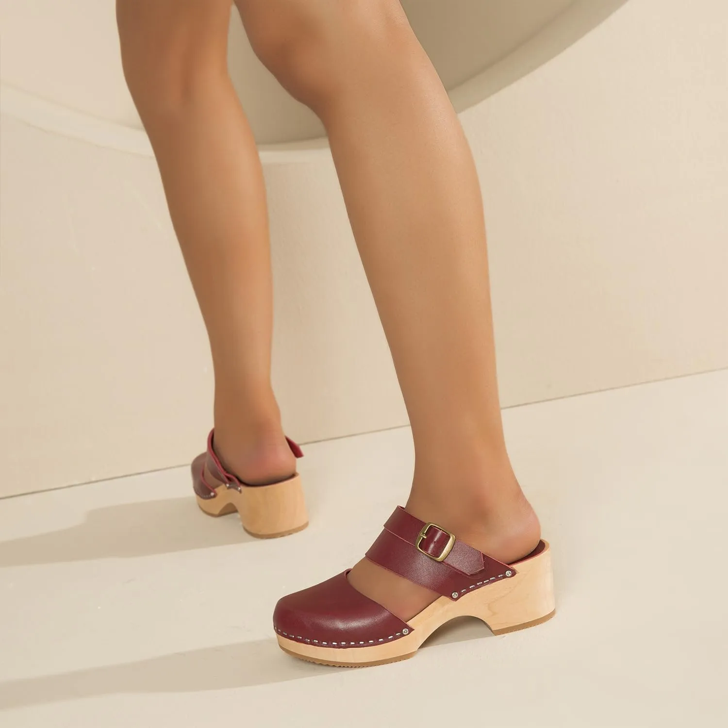 Women's Handmade Wooden Clog Mule 2.3" Open Back Leather Clogs Classic Ankle-Strap Clogs Mule for Long-Lasting Wear
