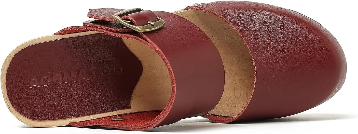 Women's Handmade Wooden Clog Mule 2.3" Open Back Leather Clogs Classic Ankle-Strap Clogs Mule for Long-Lasting Wear