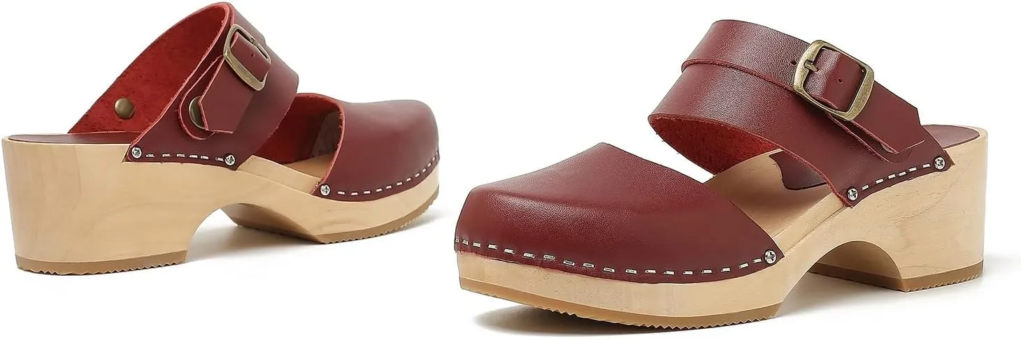 Women's Handmade Wooden Clog Mule 2.3" Open Back Leather Clogs Classic Ankle-Strap Clogs Mule for Long-Lasting Wear