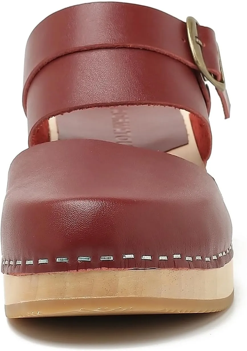 Women's Handmade Wooden Clog Mule 2.3" Open Back Leather Clogs Classic Ankle-Strap Clogs Mule for Long-Lasting Wear