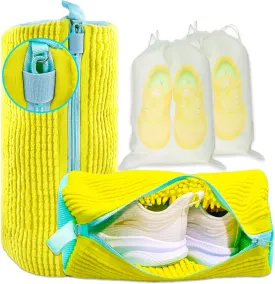 XXL Shoe Washing Machine Bag - 2 Reusable Shoe Cleaning Bags, Shoe Laundry Bag with Zipper Protection Design, 360 Deep Clean for Sneaker Tennis Shoe, Include 2 Shoe Storage Dust Bags (Yellow)