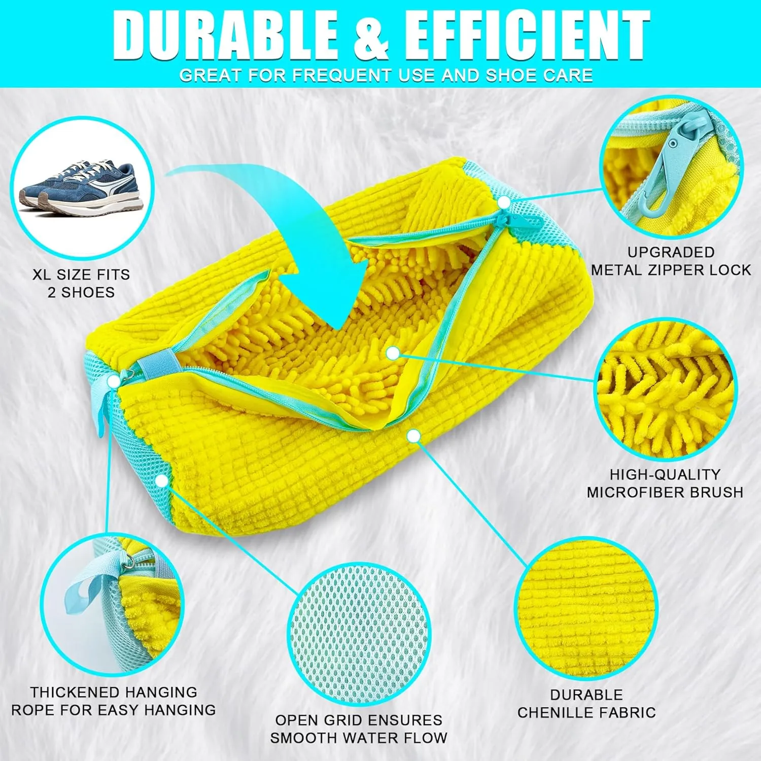 XXL Shoe Washing Machine Bag - 2 Reusable Shoe Cleaning Bags, Shoe Laundry Bag with Zipper Protection Design, 360 Deep Clean for Sneaker Tennis Shoe, Include 2 Shoe Storage Dust Bags (Yellow)